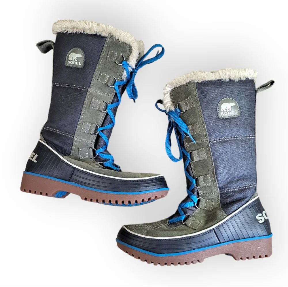 SOREL Women's Tivoli High II Canvas Winter Boots Blue Grey Green Lace Up 7.5